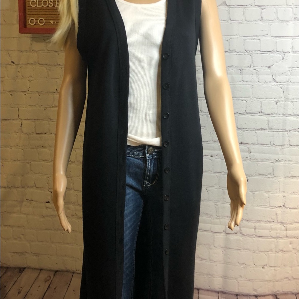 Currents By Jerry-Jo Black Knit Sleeveless Button Front Midi Vest Size Med